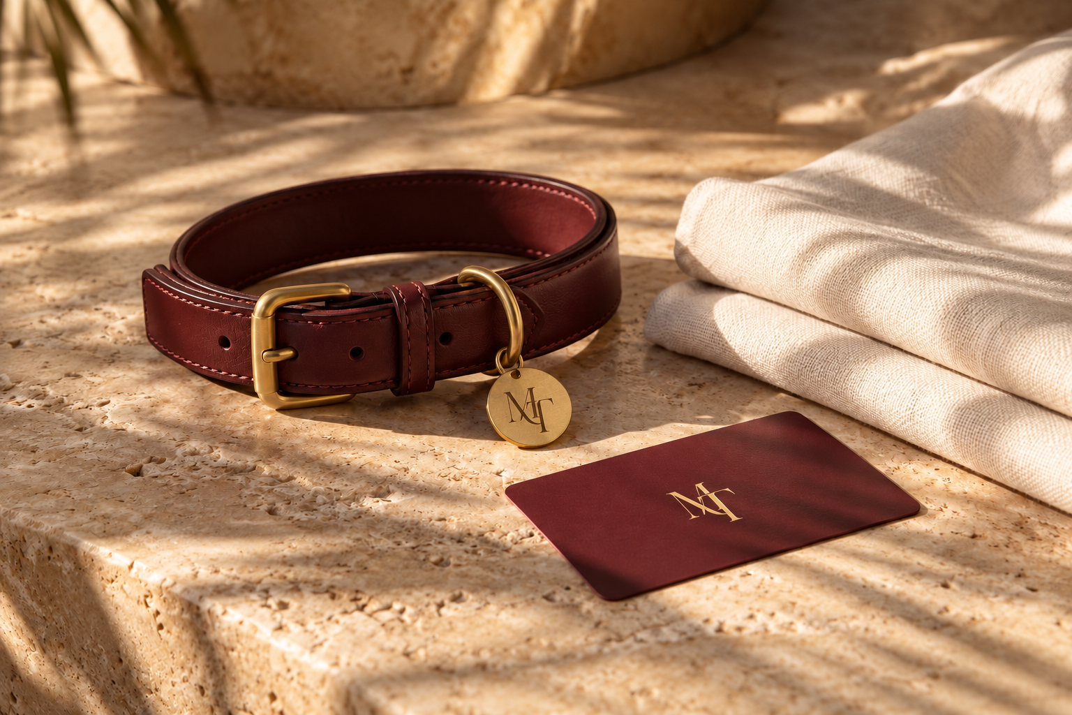 Maison Tail monogram engraved on a brass collar tag with burgundy membership card